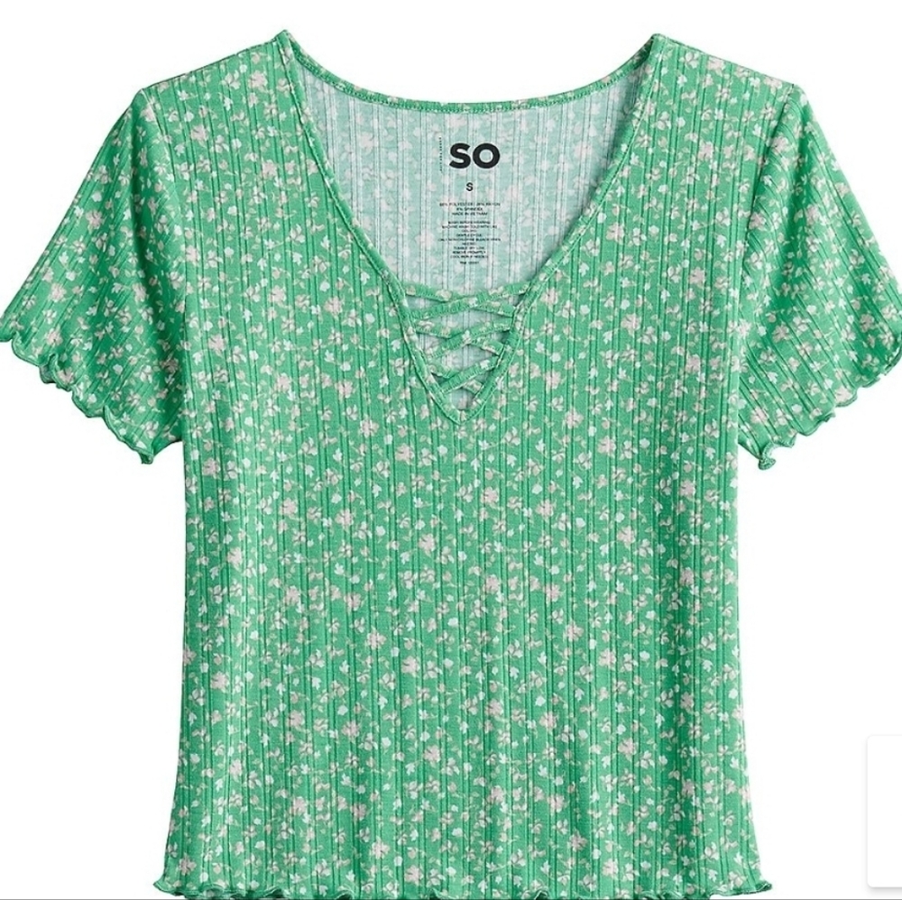Juniors Medium, lace up front knit top.  Green with floral print.  NWT